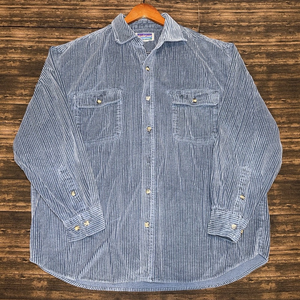 VTG NorthCrest Corduroy Shirt Men's L Tall Blue Button Down 90s Y2K Shacket.